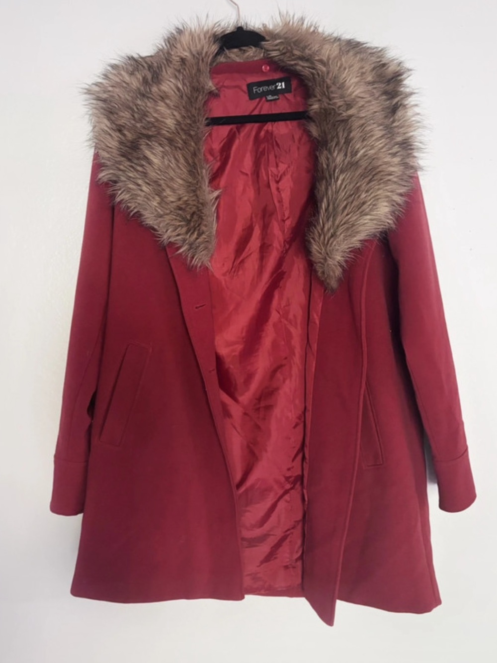 Forever 21 Red Pea Coat with Faux Fur Trim